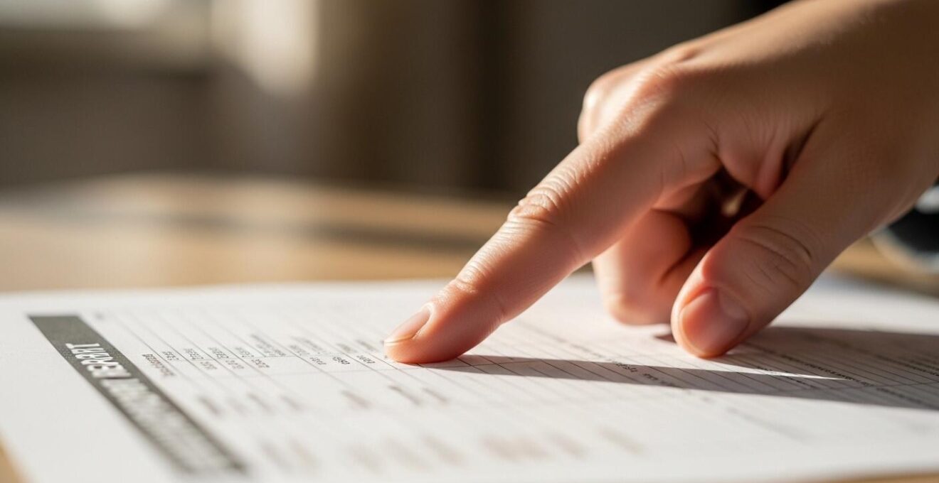 Une main d'adulte montrant un bulletin scolaire imprimé avec des résultats et commentaires clairs