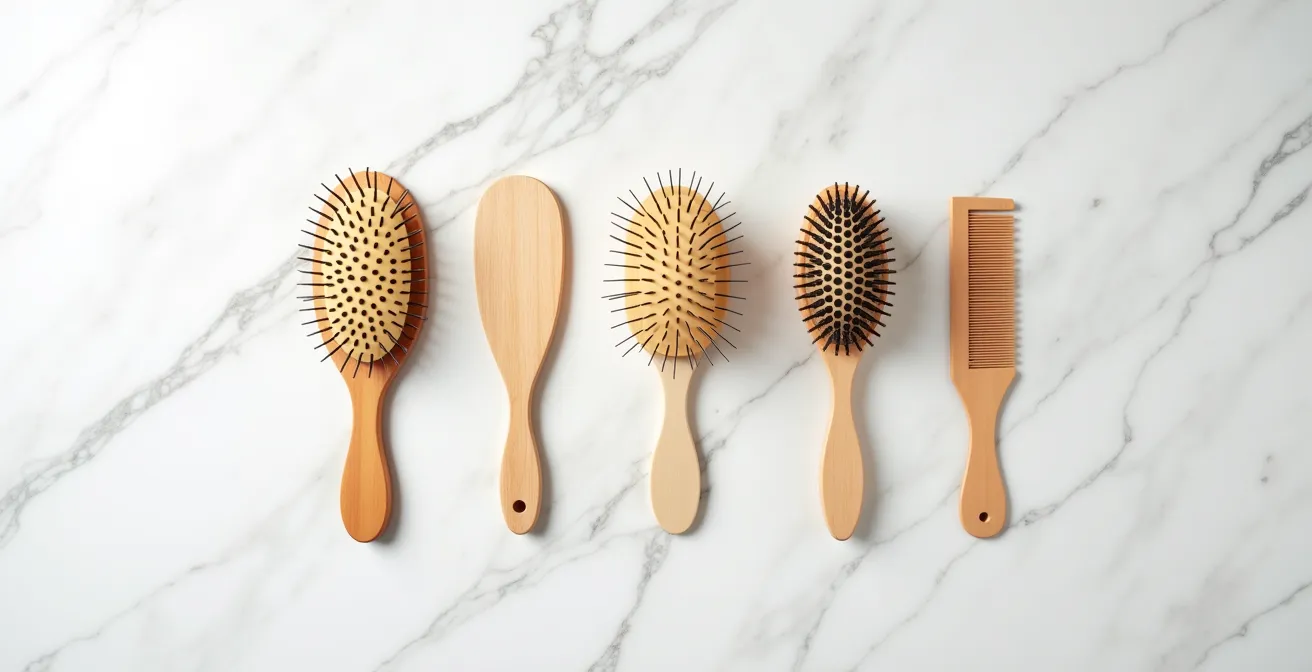 Verschiedene Haarbürsten in minimalistischer Anordnung auf einer Marmorfläche, die die Vielfalt der Werkzeuge zeigt.