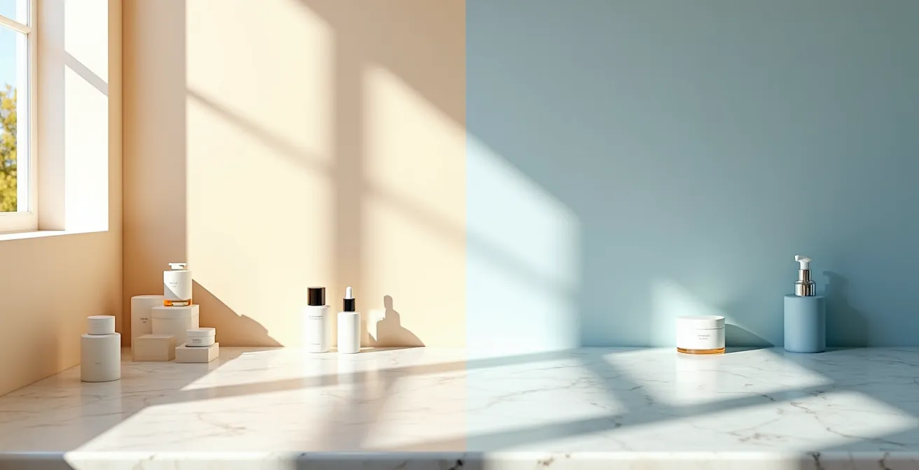 Darstellung der Hautchronobiologie im Tagesverlauf mit morgendlichem Schutz und nächtlicher Regeneration