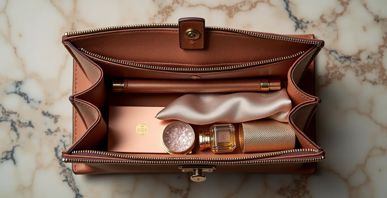 Flat-Lay einer geöffneten Clutch mit elegant arrangierten Essentials