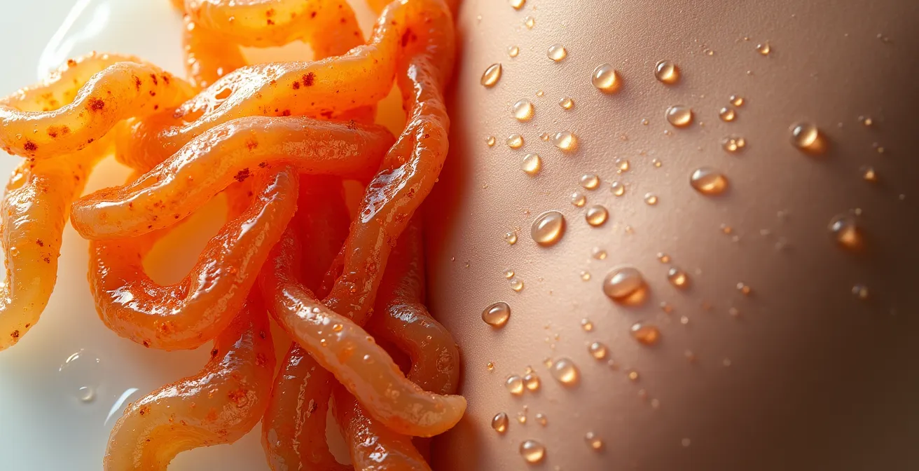 Visualisierung der Verbindung zwischen Darm und Haut, die das Mikrobiom und die systemische Wirkung zeigt.