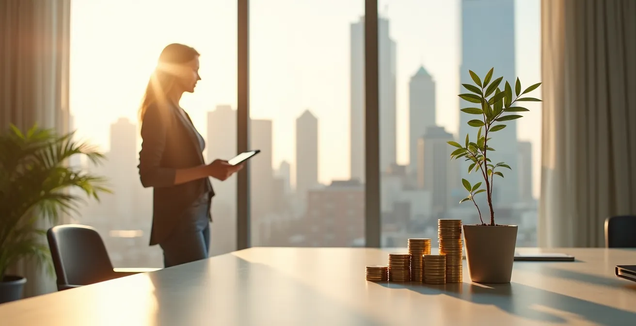 Frau plant ihre finanzielle Zukunft mit verschiedenen Dokumenten und Visualisierungen