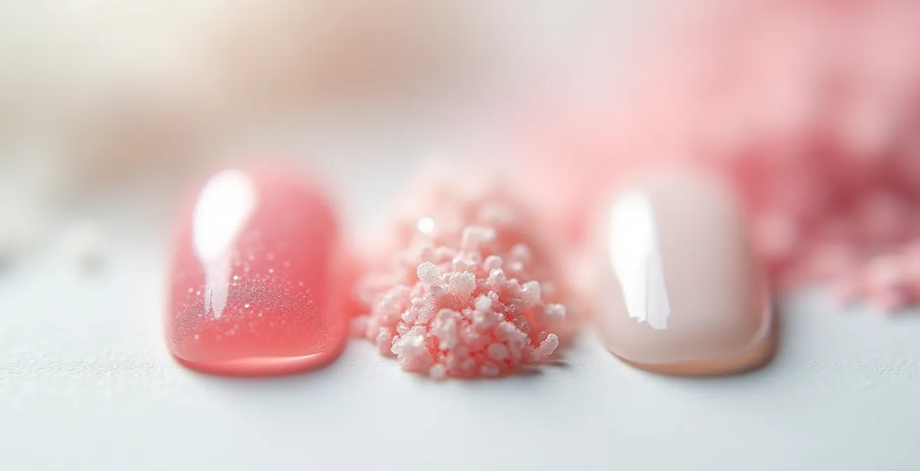 Nahaufnahme verschiedener Nagelmodellage-Materialien im Vergleich