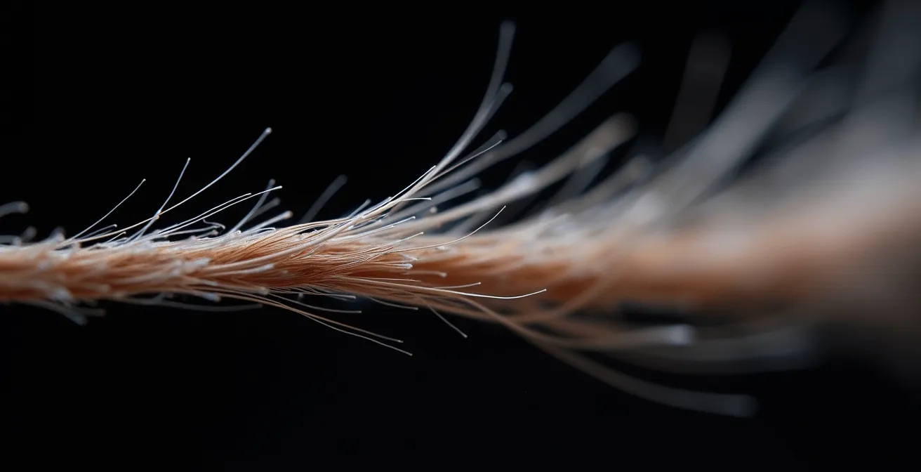 Makroaufnahme einer Haarsträhne mit sichtbarer Schuppenschicht, die die komplexe Struktur verdeutlicht.