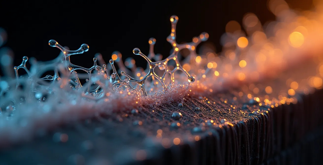 Mikroskopische Ansicht von Haarstruktur mit Protein- und Feuchtigkeitsmolekülen