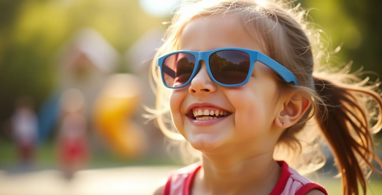 Kind mit Sonnenbrille spielt im Freien bei Sonnenschein