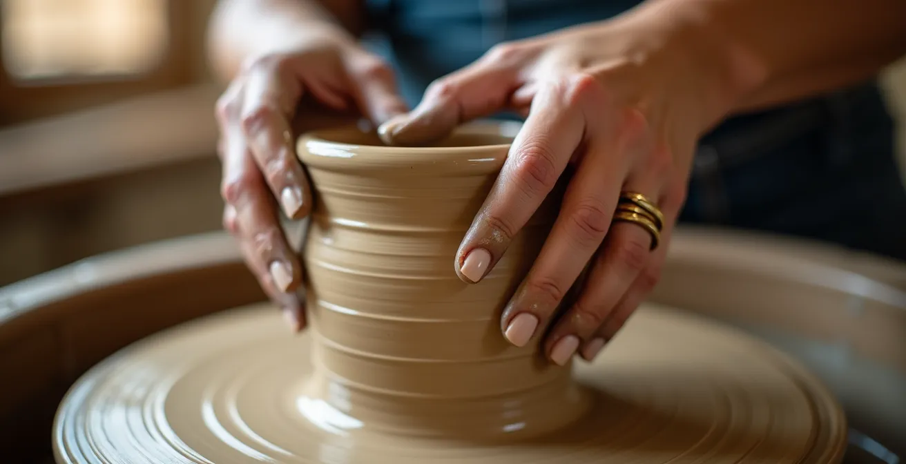 Frauenhände beim kreativen Schaffen mit Ton und natürlichen Materialien