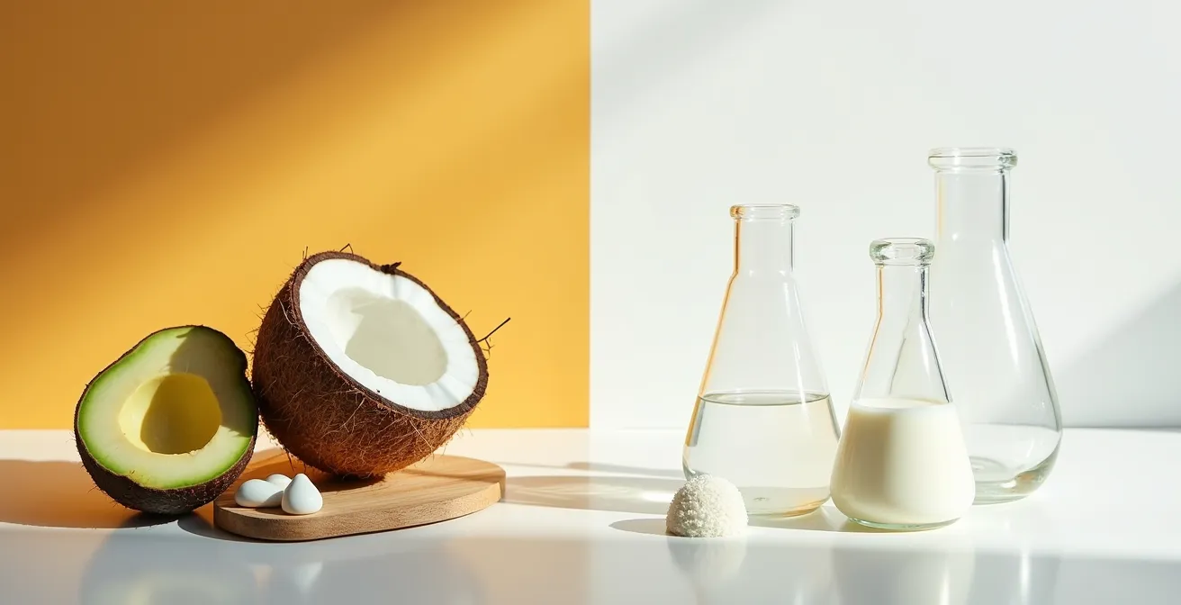 Symbolischer Vergleich zwischen natürlichen Zutaten und wissenschaftlicher Formulierung