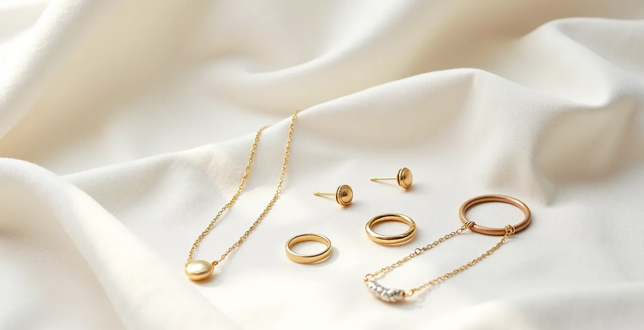 Elegante Draufsicht auf fünf aufeinander abgestimmte Goldschmuckstücke