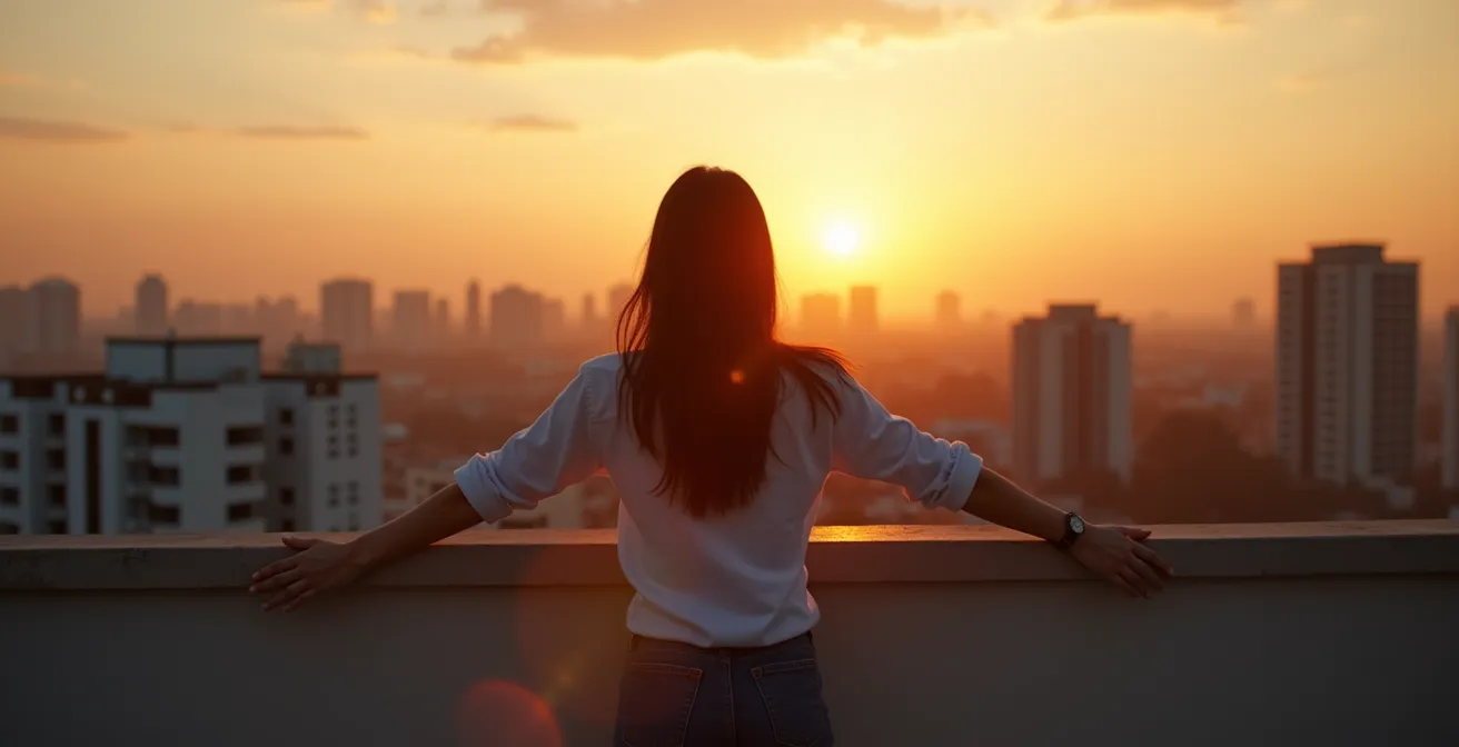 Weitwinkelaufnahme einer Frau auf urbanem Dach bei Sonnenuntergang, Arme ausgebreitet, Stadt im Hintergrund