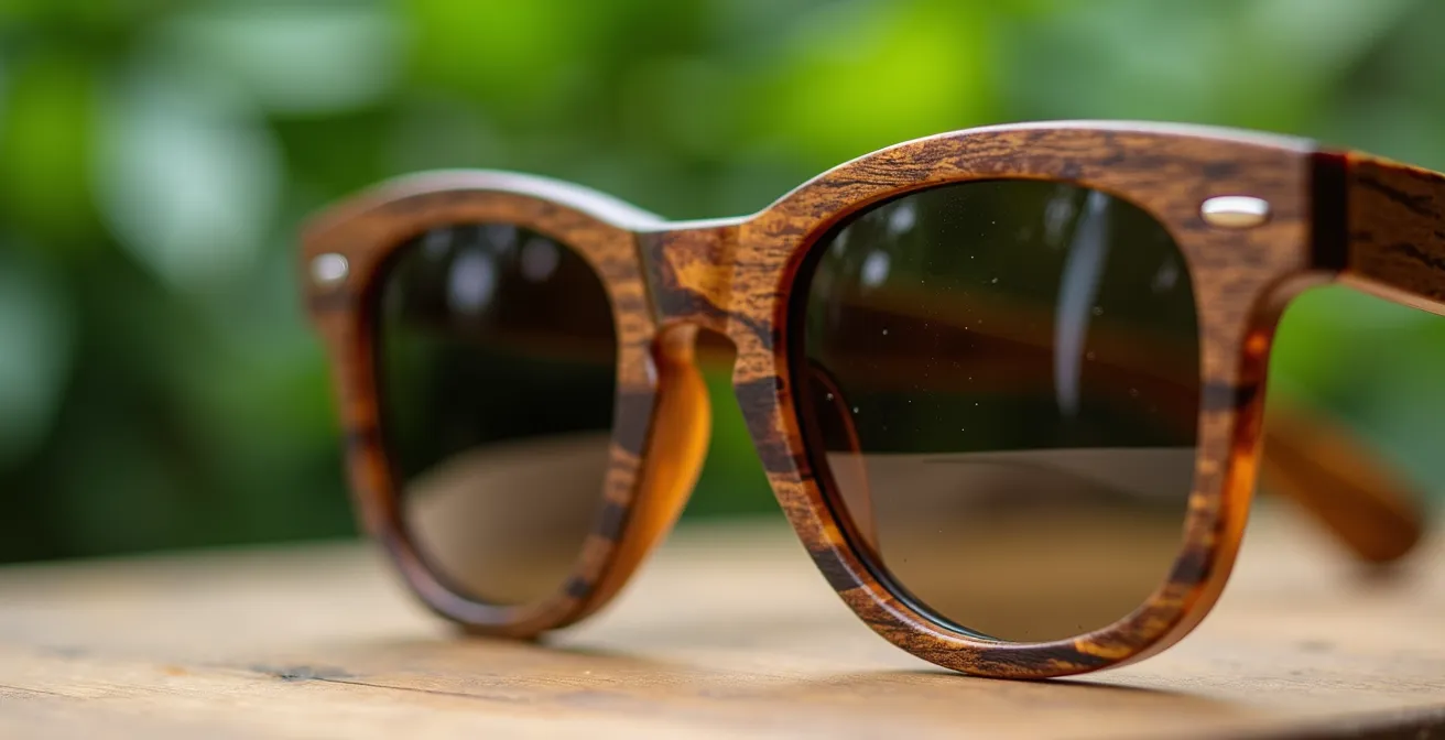 Nachhaltige Sonnenbrillen aus Bio-Acetat und natürlichen Materialien in einer extremen Nahaufnahme, die die Textur zeigt.