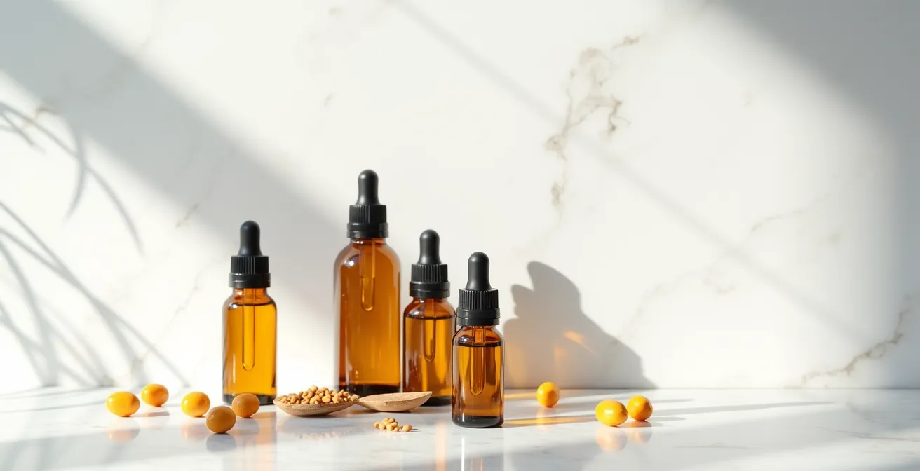 Natürliche Öle und Pflegeprodukte für die Nagelhaut arrangiert