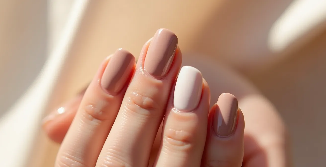 Elegante Hand mit verschiedenen Nude-Nagellacktönen passend zu verschiedenen Hauttönen