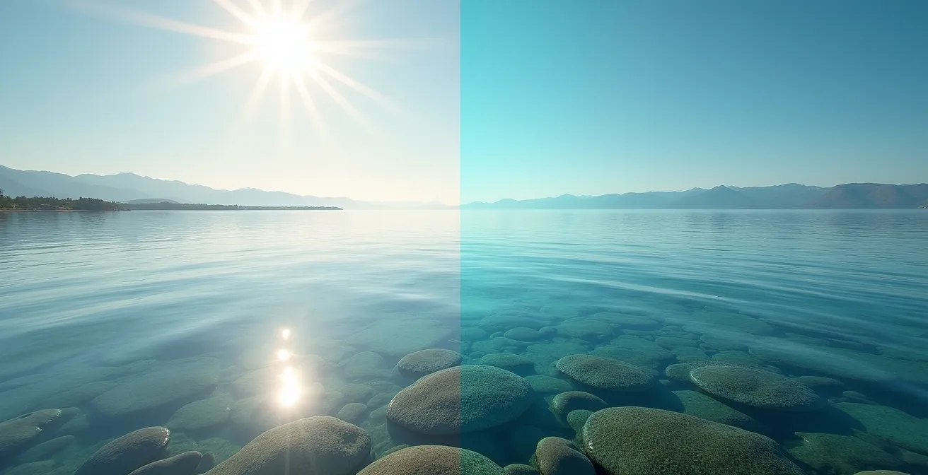 Split-Screen Ansicht eines Sees mit und ohne polarisierte Gläser