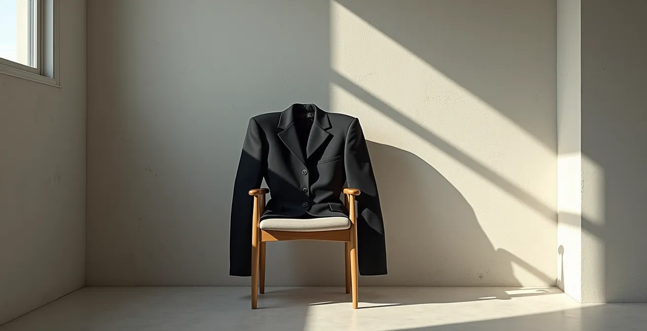 Power-Suit der 1980er Jahre mit markanten Schulterpolstern und strukturierter Silhouette