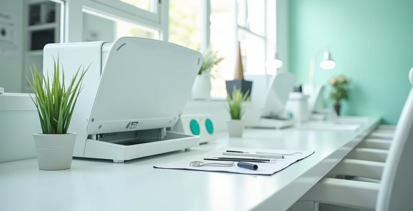 Sauberer Arbeitsplatz im professionellen Nagelstudio mit Sterilisationsgeräten