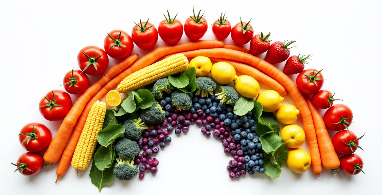 Farbenfrohe Gemüse- und Obstauswahl nach Regenbogenfarben arrangiert