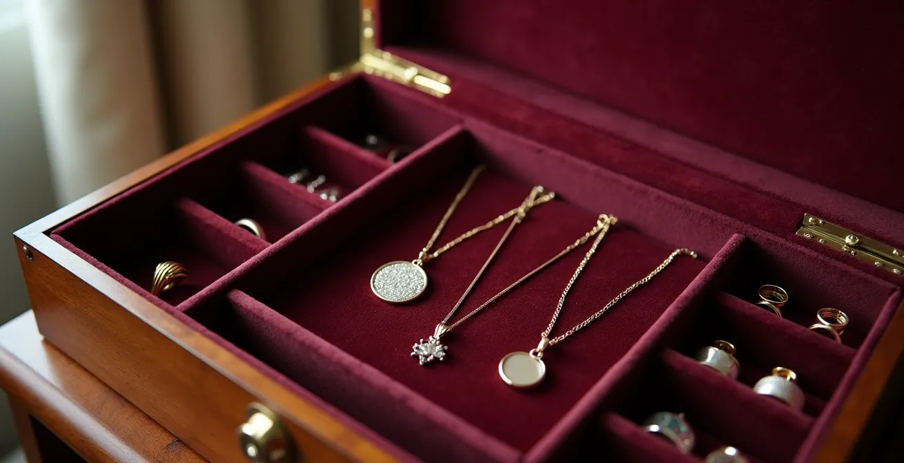 Organisierte Schmuckschatulle mit verschiedenen Fächern und aufgehängten Ketten