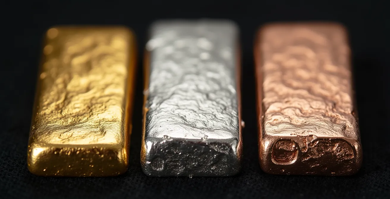 Nahaufnahme verschiedener Schmuckmetalle mit sichtbaren Texturen