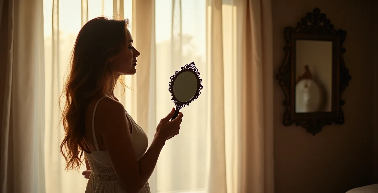 Frau betrachtet sich liebevoll im antiken Handspiegel bei weichem Morgenlicht