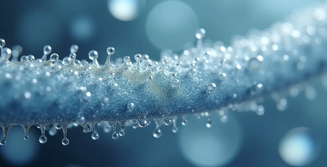 Extreme Makroaufnahme einer Haarsträhne mit sichtbarer Silikonschicht