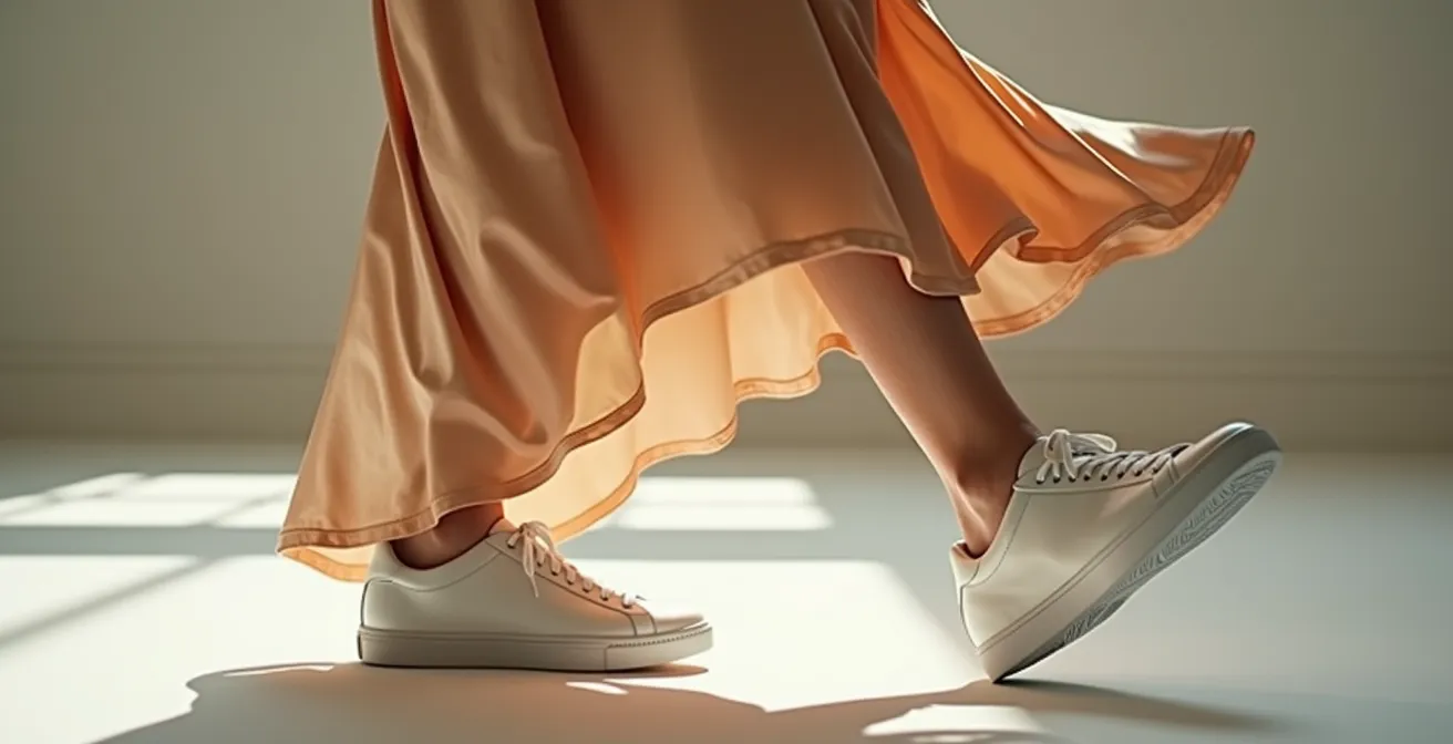 Elegantes Seidenkleid in Kombination mit weißen Sneakern