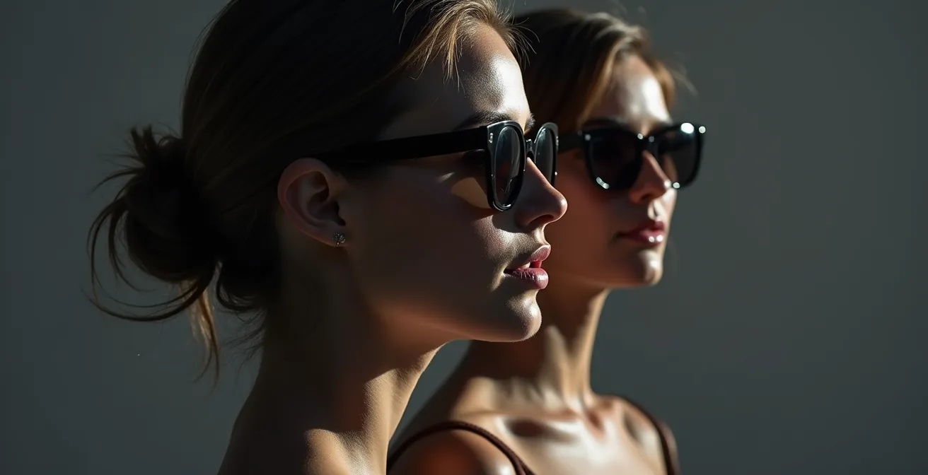 Kreative Darstellung, wie verschiedene Sonnenbrillen die Persönlichkeit einer Person verändern können.