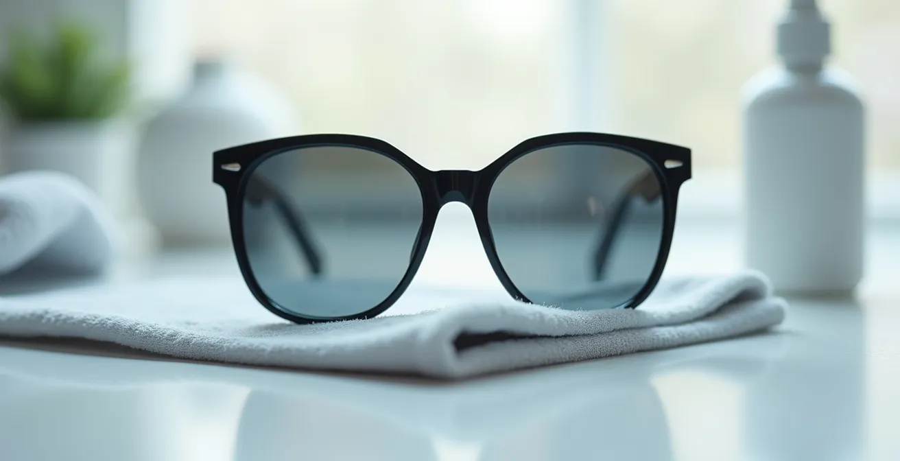 Makroaufnahme einer Sonnenbrillenreinigung mit Mikrofasertuch und Pflegespray