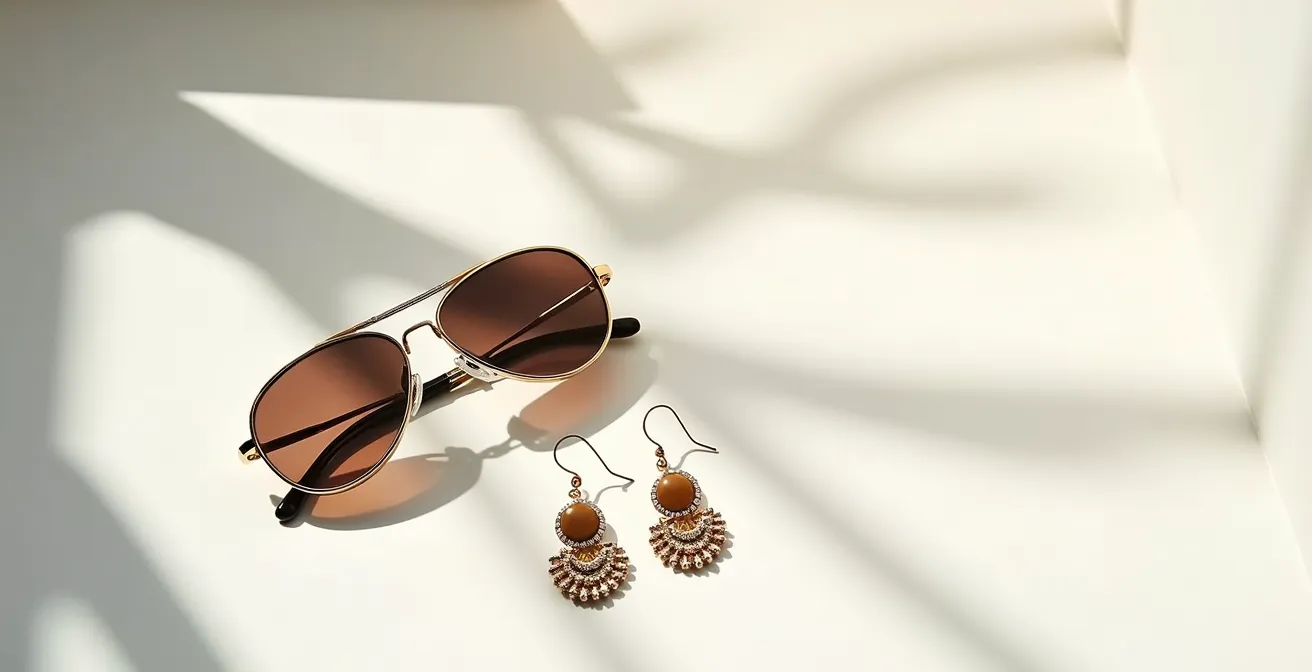 Extravagante Sonnenbrille harmonisch mit Statement-Ohrringen kombiniert