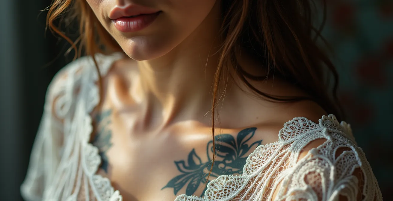 Nahaufnahme von Tattoos und Textilien im künstlerischen Dialog