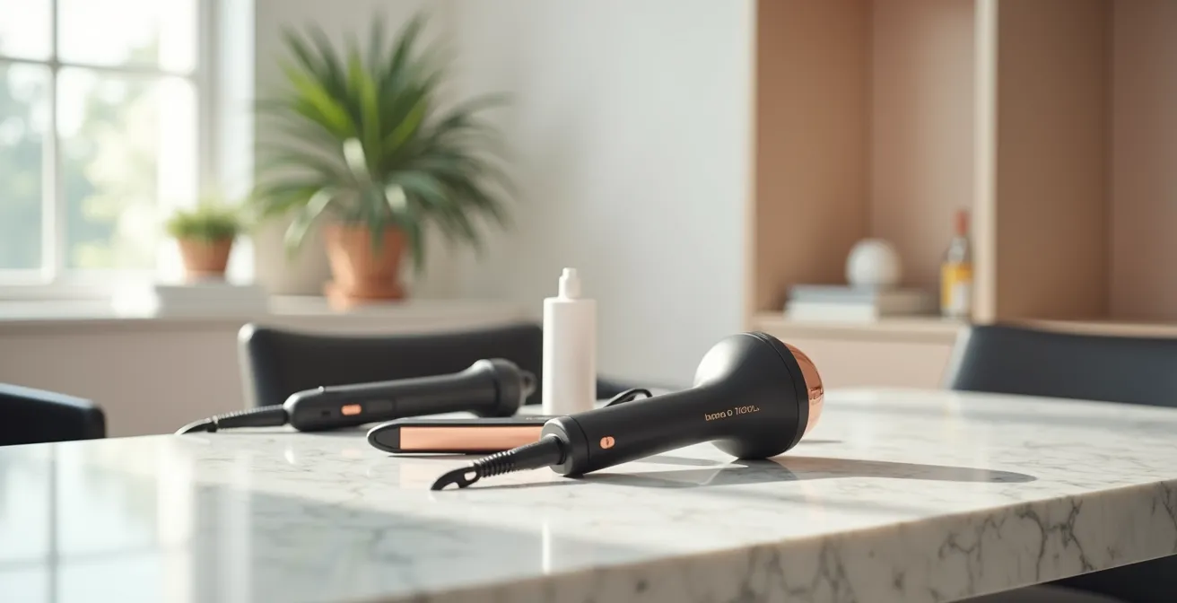 Weitwinkelaufnahme eines modernen Friseursalons mit verschiedenen Styling-Tools im Hintergrund