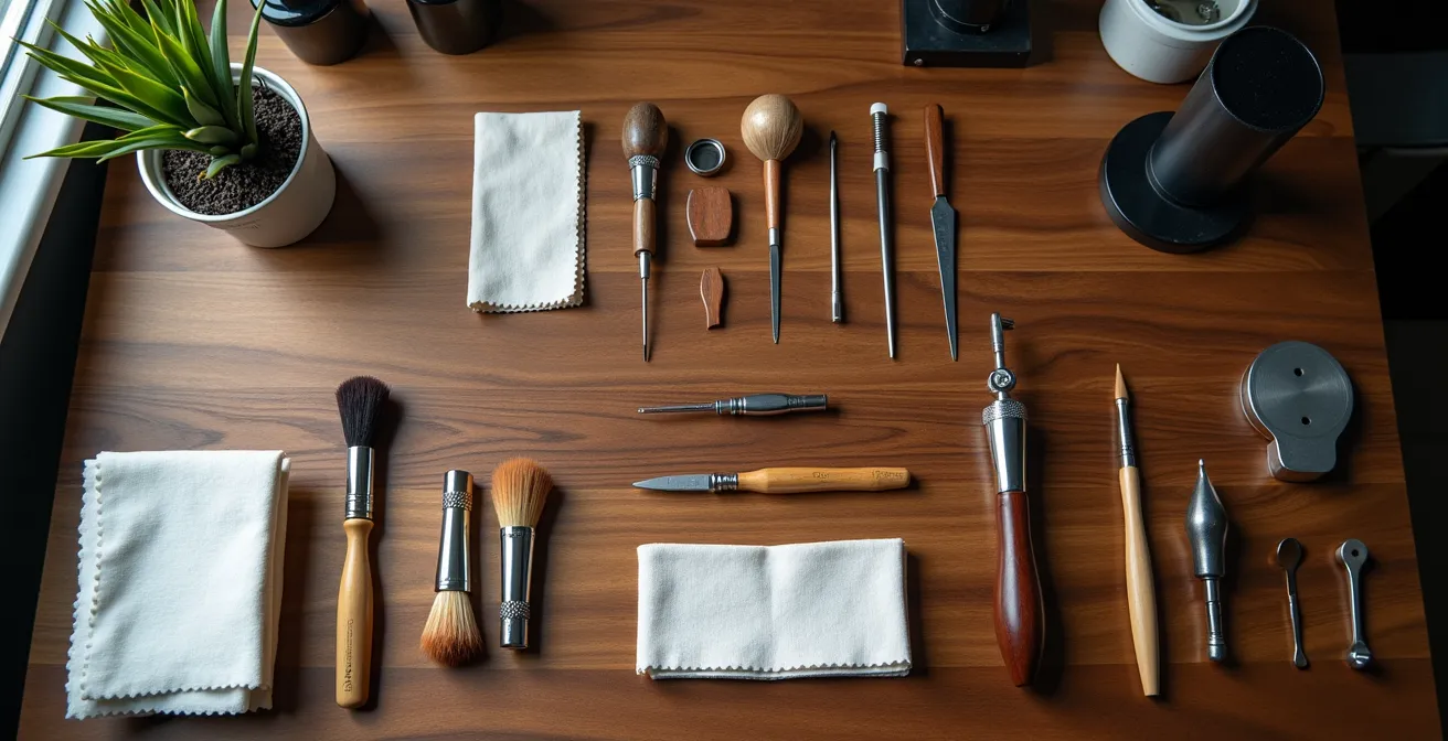 Professionelle Uhrmacherwerkzeuge und Pflegematerialien auf einer Werkbank arrangiert