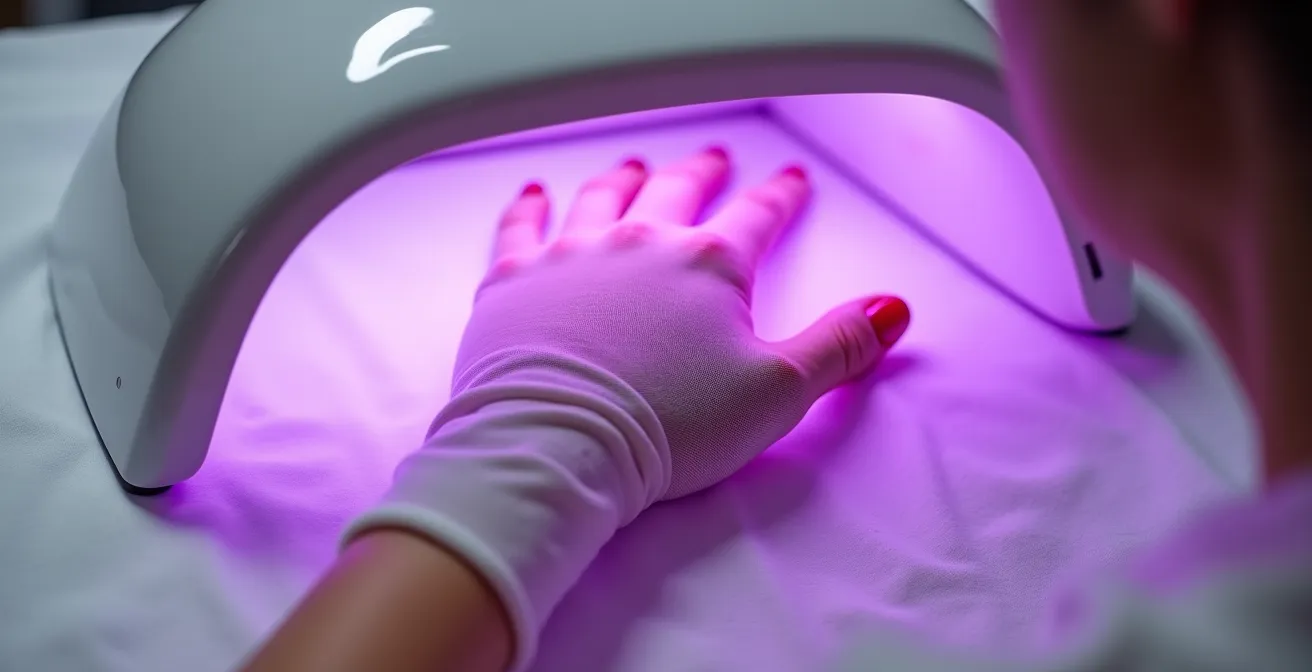 Hände mit fingerlosen UV-Schutzhandschuhen unter LED-Nagellampe