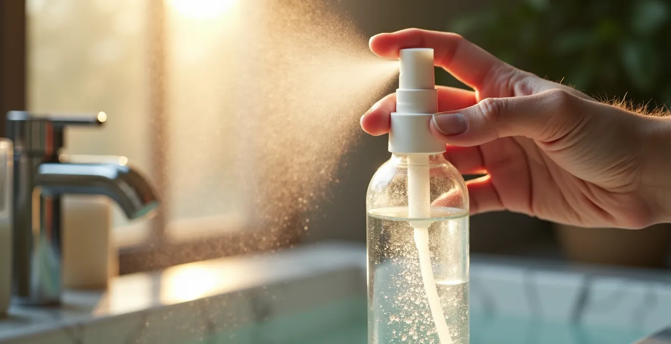 Hände mit Sprühflasche beim Haarstyling im Badezimmer