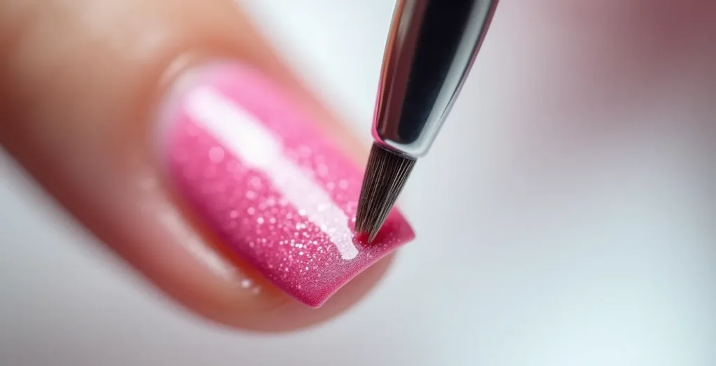 Nahaufnahme der präzisen Gel-Auftragstechnik mit 1mm Abstand zur Nagelhaut Nahaufnahme der präzisen Gel-Auftragstechnik mit 1mm Abstand zur Nagelhaut