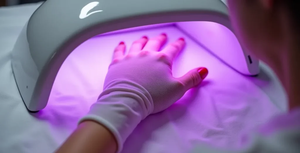 Hände mit fingerlosen UV-Schutzhandschuhen unter LED-Nagellampe Hände mit fingerlosen UV-Schutzhandschuhen unter LED-Nagellampe